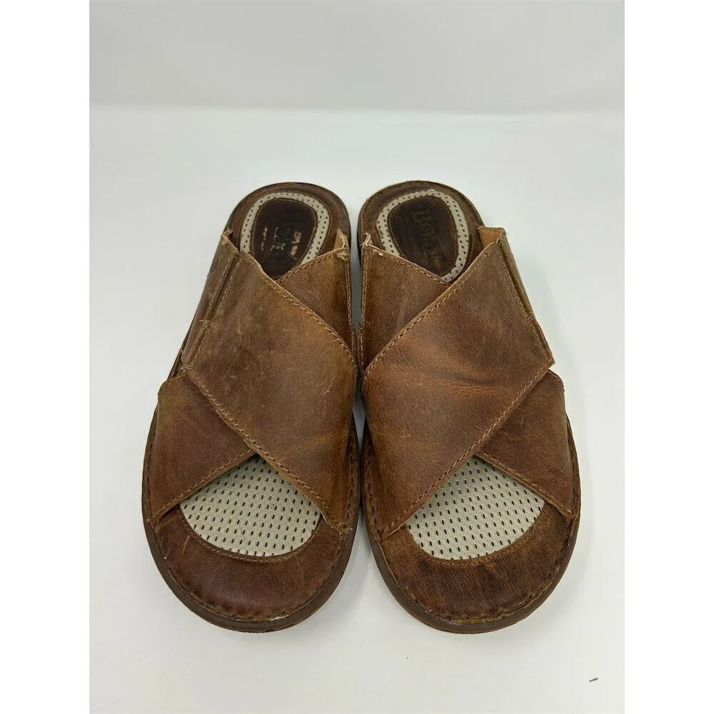 Born Men's Slide Sandals Brown Cross Strap Slip-On Comfort Casual Size 13